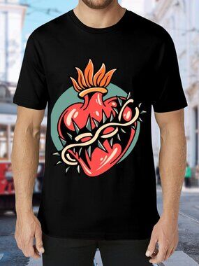 Black Graphic Tee with Red Sacred Heart Design